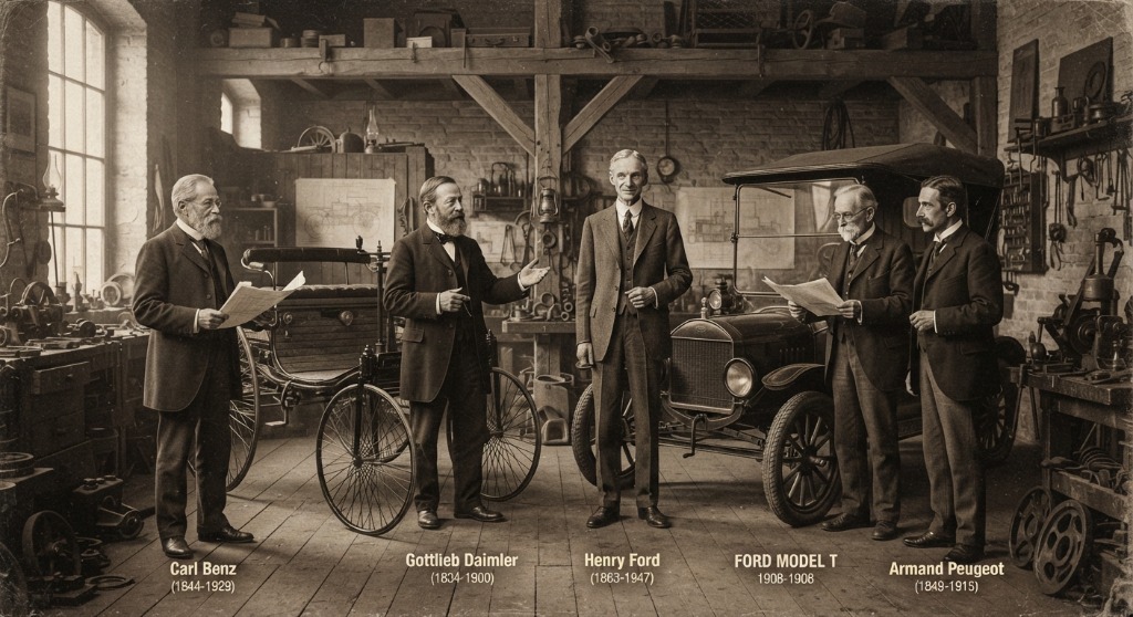 Porträt der Auto-Pioniere Carl Benz, Gottlieb Daimler, Henry Ford und Armand Peugeot