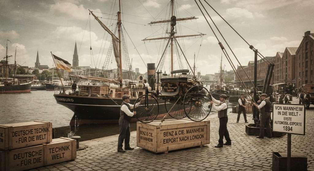 Von Mannheim in die Welt: Erste Automobil-Exporte nach London 1894 im Hamburger Hafen