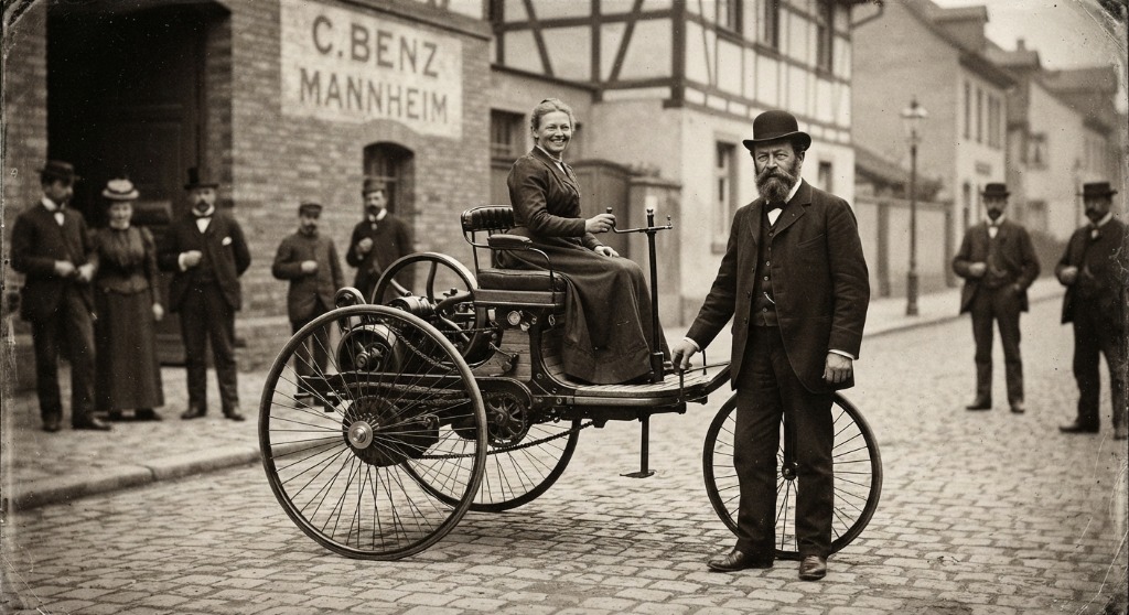 Bertha Benz und Carl Benz am Patent-Motorwagen vor der Werkstatt in Mannheim