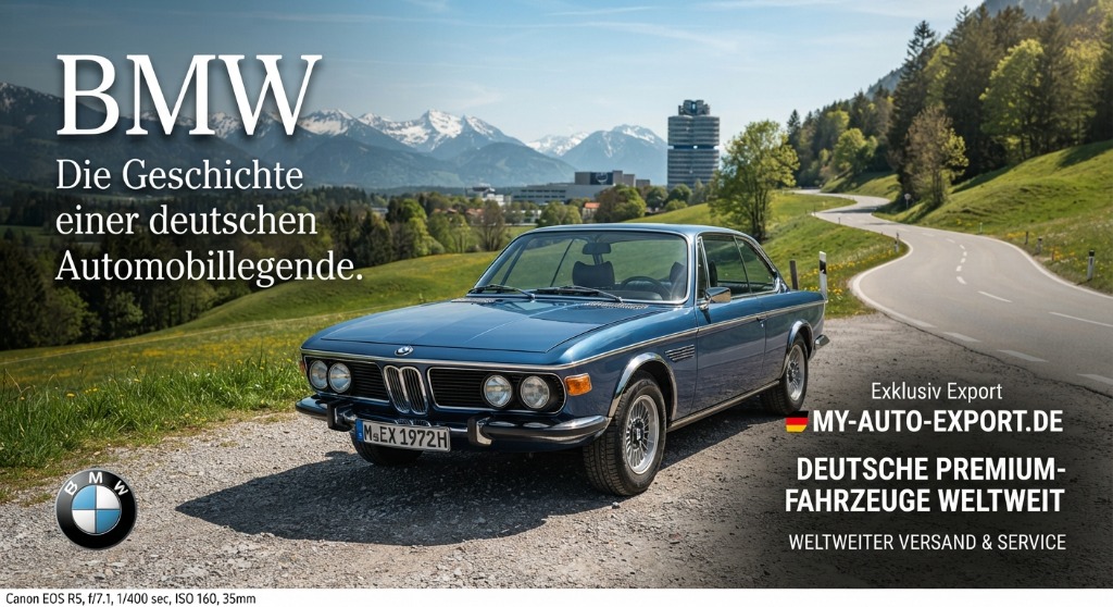BMW 3.0 CS Coupé im bayerischen Alpenpanorama mit BMW Vierzylinder Hochhaus