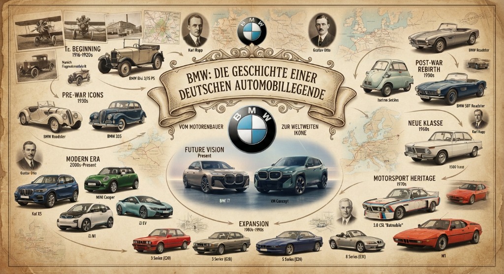 BMW Chronik Infografik - Vom Flugmotorenbauer zur weltweiten Ikone