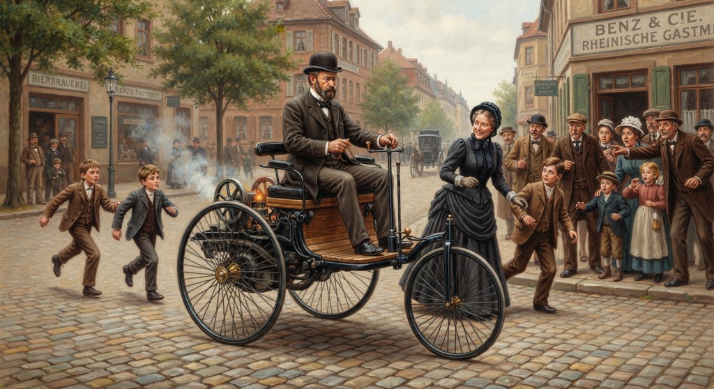 Die Erfindung des Automobils - Carl Benz und Bertha Benz vor der Rheinischen Gasmotorenfabrik