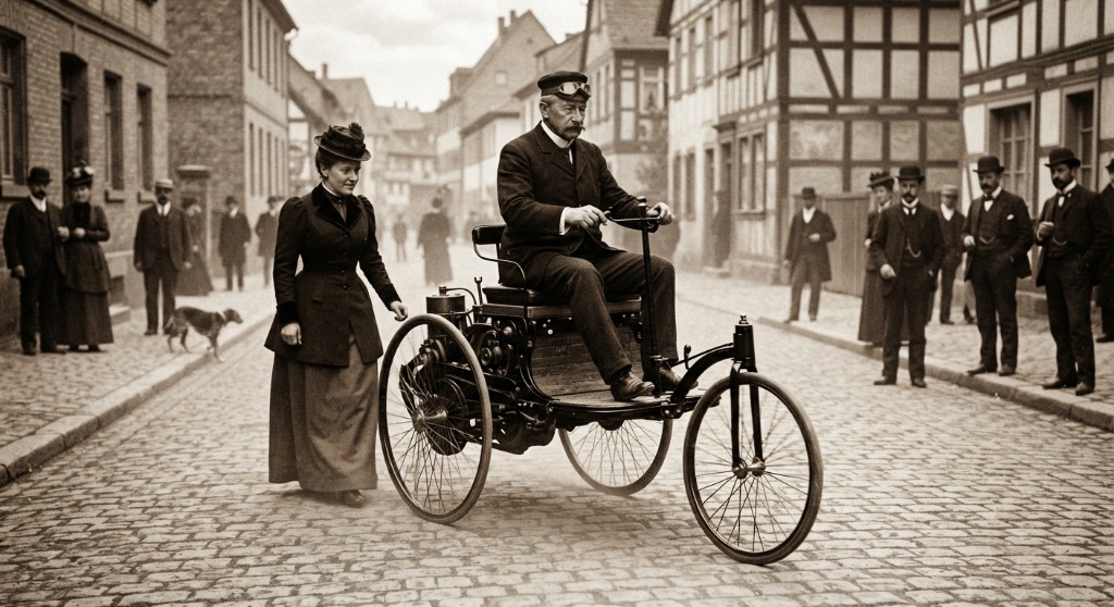 Carl Benz bei der Fahrt auf dem Patent-Motorwagen mit Bertha Benz