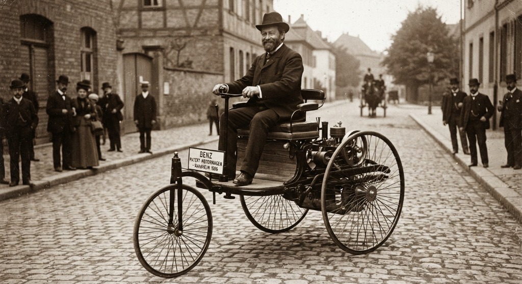 Carl Benz auf dem Patent-Motorwagen in Mannheim 1886
