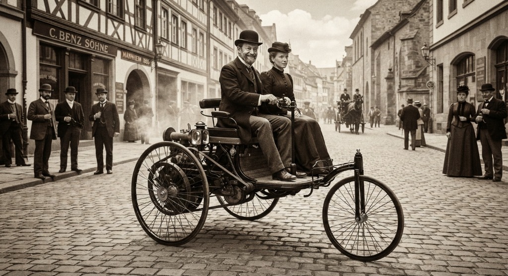 Carl und Bertha Benz bei der gemeinsamen Fahrt auf dem Patent-Motorwagen