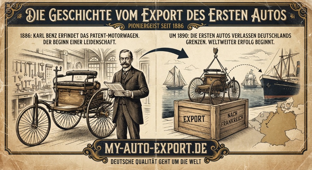 Die Geschichte vom Export des ersten Autos - Infografik Carl Benz und frühe Transporte
