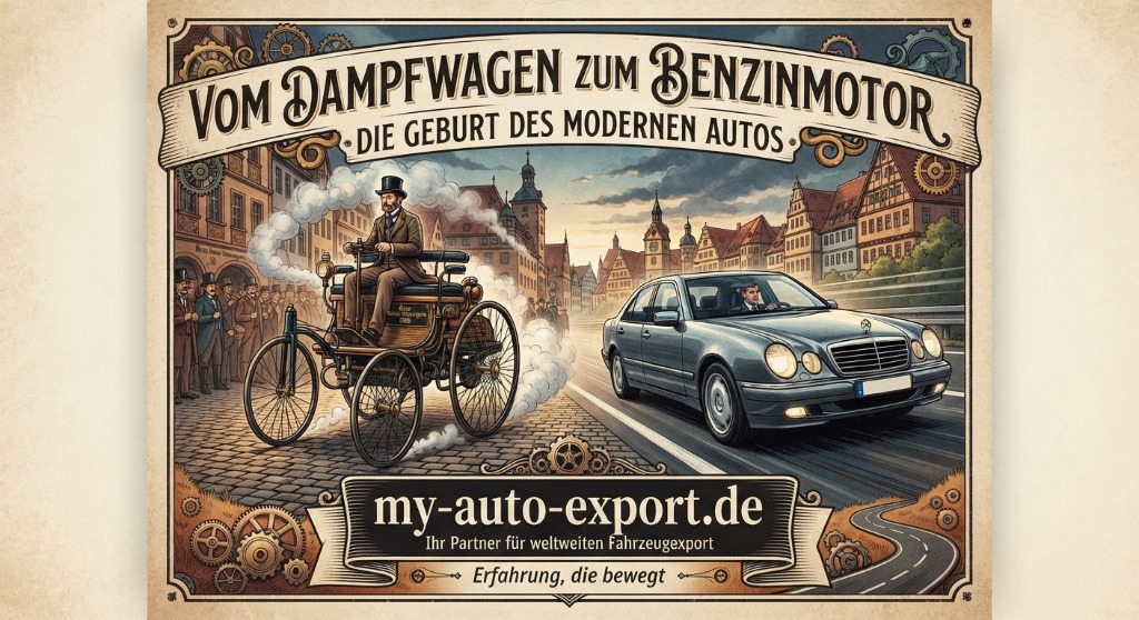 Vom Dampfwagen zum Benzinmotor - Vintage Plakat Illustration