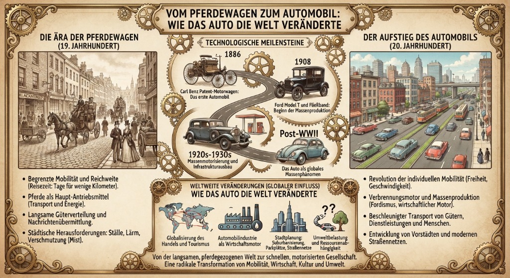 Vom Pferdewagen zum Automobil: Wie das Auto die Welt veränderte Infografik