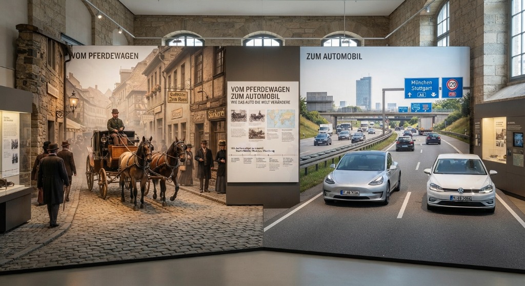 Vom Pferdewagen zum Automobil Museumsvergleich historische Straße vs Autobahn