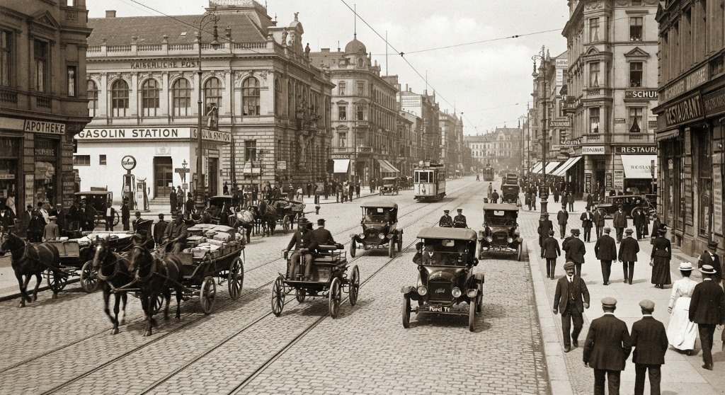 Historisches Straßenbild mit Pferdewagen, ersten Automobilen und Tankstelle