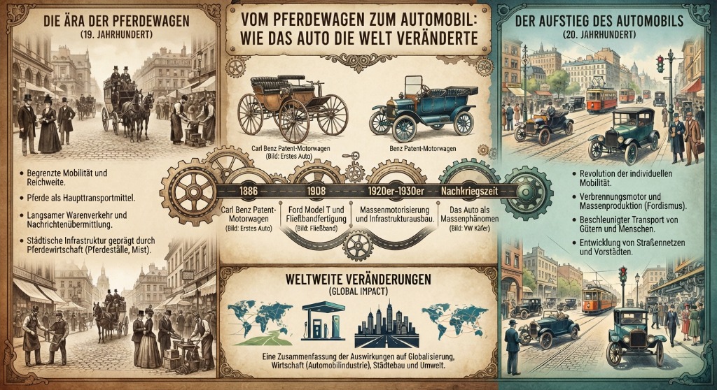 Zahnrad Zeitstrahl der Automobilgeschichte vom Benz Motorwagen über Ford Model T bis zur Nachkriegszeit