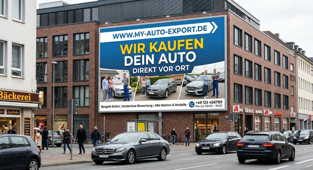 Wir kaufen dein Auto direkt vor Ort - My Auto Export Großflächenplakat und Innenstadt
